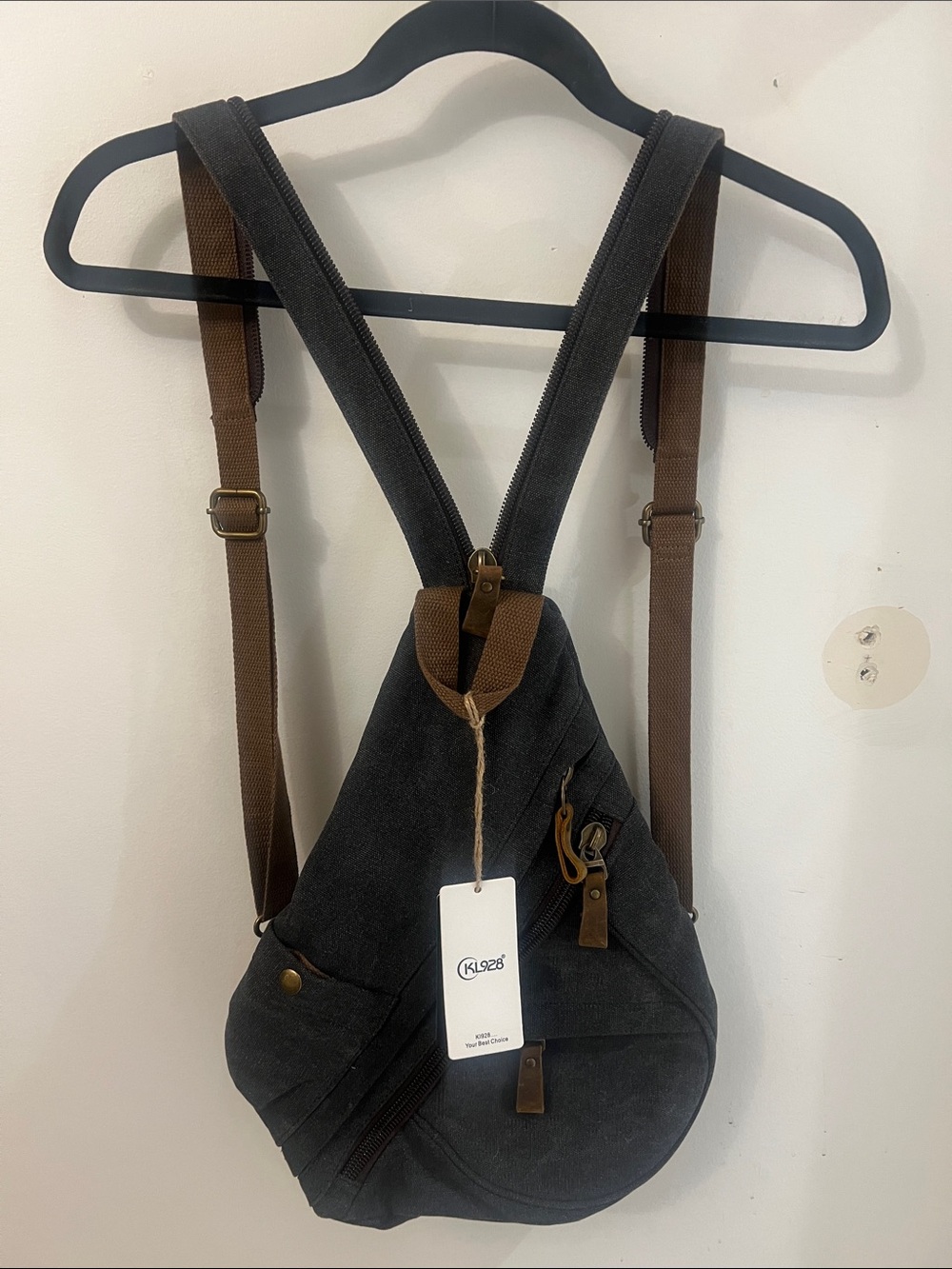 Men's Black Canvas Sling Backpack with Brown Straps -